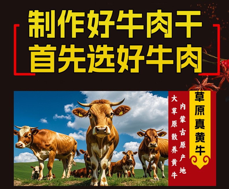  蒙典牛肉干选用内蒙草原黄牛制作